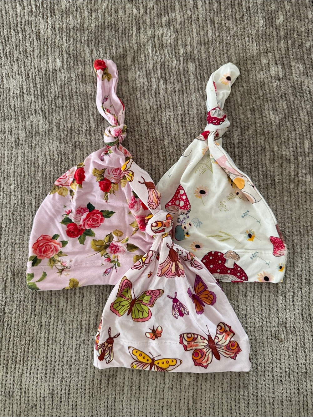 Girls Knot Beanie Trio - Pink Floral & Butterfly Mix
